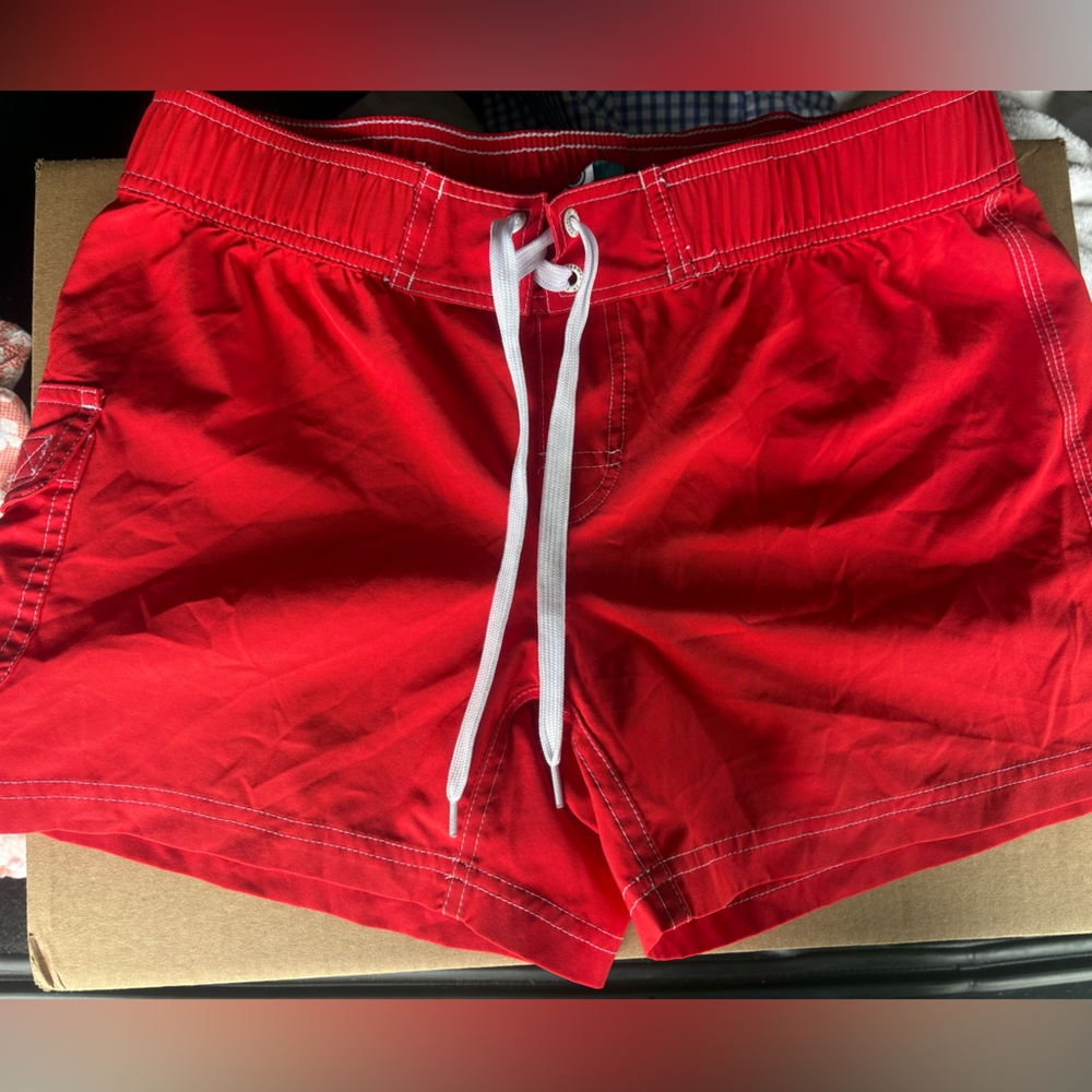 Bright Red women’s  Swim shorts with White Drawstring